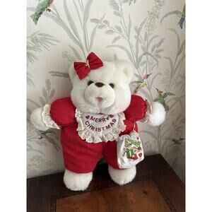 13” Plush Santa's Helper Christmas Bear w/ Purse Red Overall Vintage